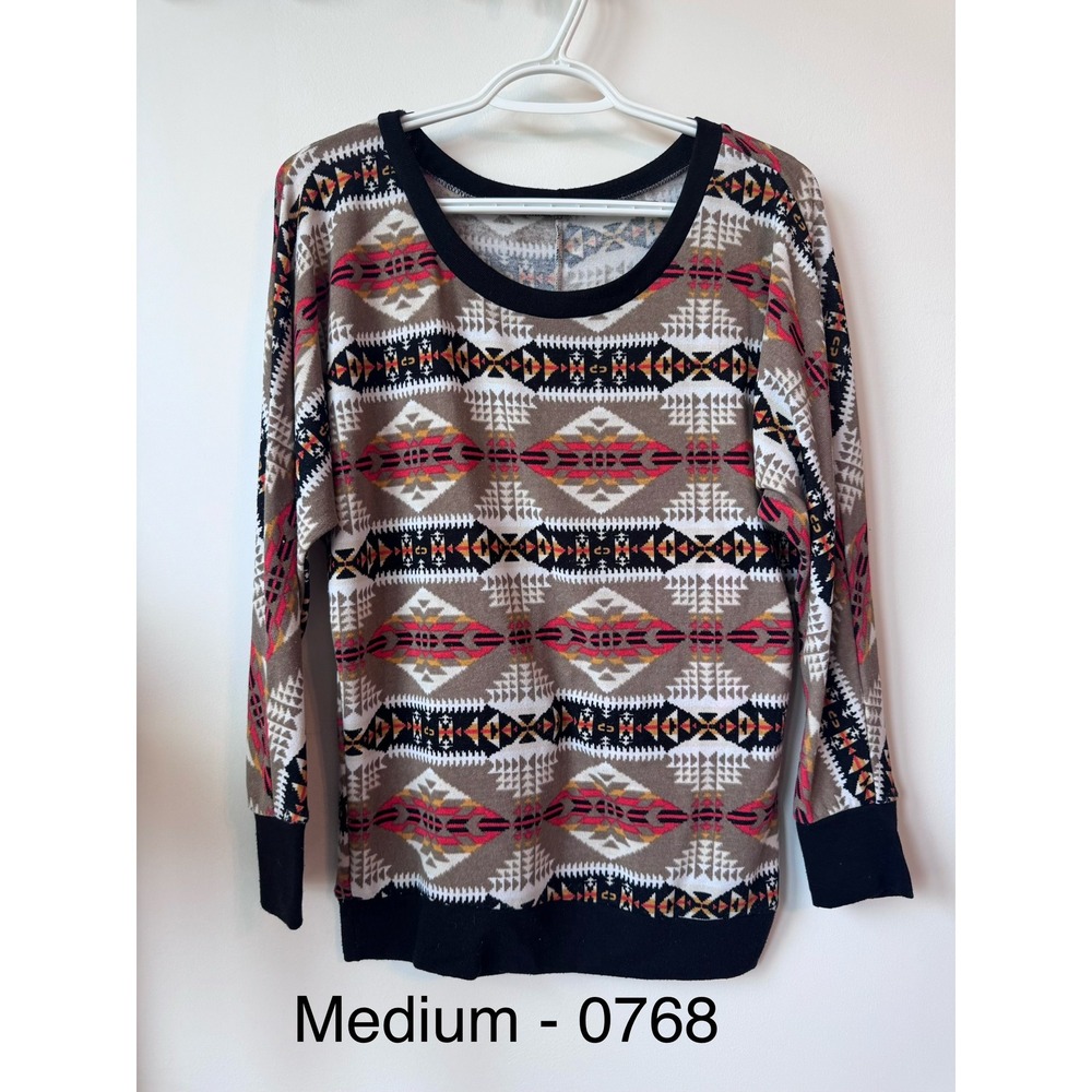 Papaya Womens Southwestern Geometric Print Scoop Neck Long Sleeve Top Brown M